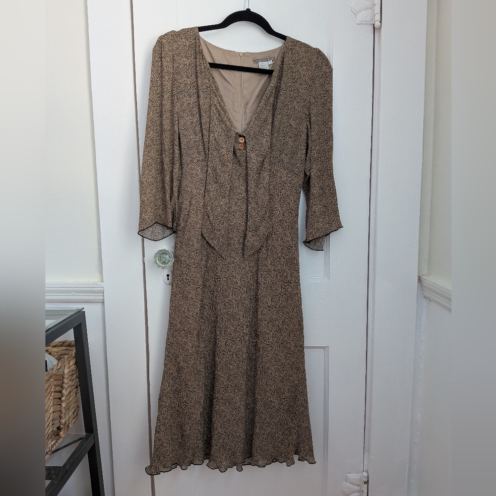 Vintage Isabella Bird Patterned 3/4 Sleeve Midi Bow Dress - Size 12